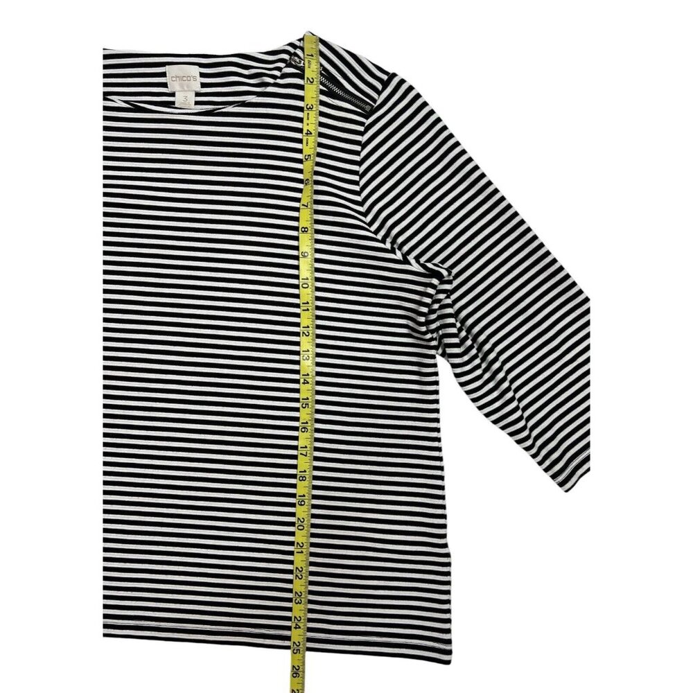 Chico's 3 Top 3/4 sleeve black white striped Shirt Size Large Stretch - Picture 6 of 8
